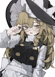  1girl absurdres adjusting_eyewear apron back_bow bespectacled black_hat black_skirt black_vest blonde_hair bow braid commentary_request glasses hair_bow hand_on_eyewear hat hat_bow highres hisha_(kan_moko) kirisame_marisa long_hair long_sleeves looking_at_viewer open_mouth paid_reward_available round_eyewear side_braid single_braid skirt solo sweat touhou vest waist_apron white_apron white_bow witch_hat yellow_eyes 