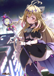  1girl antenna_hair black_bow black_capelet black_dress blonde_hair bow brooch building capelet city city_lights cityscape closed_mouth commentary_request cure_arcana_shadow diamond_hairband dress frilled_capelet frilled_cuffs frills gradient_hair hair_intakes heart heart_brooch highres holding holding_rod jewelry long_hair looking_at_viewer magical_girl meitantei_precure! moria_luluka motsutoko multicolored_hair night precure purple_veil purple_wrist_cuffs rod skyscraper solo tear_arcana_rod thigh-highs veil violet_eyes wrist_cuffs 