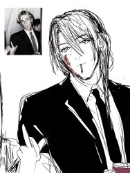  1boy ace_attorney alternate_costume amikoiiko apollo_justice:_ace_attorney blood blood_on_face blood_splatter cigarette closed_mouth collared_shirt cup drill_hair earrings head_tilt height_difference highres holding holding_cup jacket jewelry klavier_gavin lapels long_hair long_sleeves looking_at_viewer middle_finger mismatched_eyebrows notched_lapels out_of_frame photo-referenced photo_inset reference_inset shirt side_drill simple_background single_earring sketch solo_cup spot_color suit suit_jacket unfinished white_background 