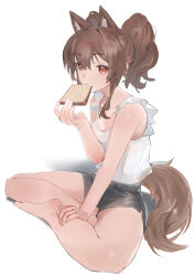 1girl alternate_costume angelina_(arknights) animal_ears arknights bare_shoulders black_shorts breasts brown_hair eating extra_ears fox_ears fox_girl fox_tail highres holding_toast invisible_floor looking_at_viewer mkrk_mikaerukung orange_eyes shirt shorts simple_background sitting small_breasts solo tail twintails white_background white_shirt 