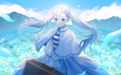  1girl absurdres blue_eyes blue_sky blush capelet closed_mouth clouds cloudy_sky collared_capelet colored_eyelashes commentary_request field floating_hair flower flower_field frieren hair_flower hair_ornament highres holding holding_suitcase hoshiho indie_utaite long_hair long_sleeves looking_at_viewer mishoww mountain outdoors petals scenery second-party_source shirt skirt sky sleeves_past_wrists smile solo sousou_no_frieren standing striped_clothes striped_shirt suitcase twintails white_capelet white_eyelashes white_hair white_skirt 