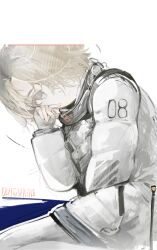  1girl absurdres blonde_hair closed_mouth coat commentary_request d1nivi eight_(pragmata) grey_eyes hair_over_one_eye hand_up head_down highres long_sleeves looking_at_viewer outline padded_coat pragmata short_hair solo turning_head white_coat white_outline wiping_face 