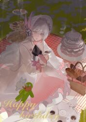  1girl :d absurdres alternate_costume ascot black_ascot bonnet bottle bread cake commentary_request cup cupcake dress food frilled_dress frilled_sleeves frills fruit full_body happy_birthday headgear highres holding holding_cup kajol98606618 lemon lemon_slice liv_(pgr) long_dress long_hair long_sleeves looking_at_viewer macaron open_mouth outdoors picnic picnic_basket picnic_blanket pink_eyes plate puffy_long_sleeves puffy_sleeves punishing:_gray_raven sitting sleeves_past_wrists smile solo stuffed_animal stuffed_frog stuffed_toy teacup teapot teeth tiered_tray upper_teeth_only white_bonnet white_dress white_hair wine_bottle 