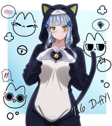  1girl 416_day alternate_costume animal_costume animal_ear_hood art_undertaker bell blue_background blue_hair blush cat_costume closed_mouth cross_hair_ornament facial_mark fake_tail girls'_frontline_2:_exilium girls_frontline gloves hair_ornament heart heart_facial_mark heart_hands heart_tattoo highres hk416_(girls'_frontline) hood jingle_bell klukai_(girls'_frontline_2) long_hair looking_at_viewer neck_bell simple_background smile solo speech_bubble spoken_blush tail tattoo two-tone_background white_background white_gloves 