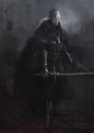  1boy artist_name black_cape black_capelet bloodborne bloody_crow_of_cainhurst cape capelet chikage_(bloodborne) copyright_name full_body gauntlets gradient gradient_background grey_background grey_hair gun helmet highres holding holding_gun holding_weapon long_hair long_sleeves solo standing sword tripdancer weapon 