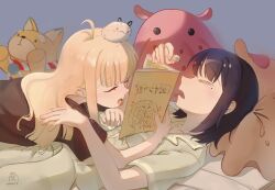  2girls absurdres black_shirt blonde_hair book cho_kaguya-hime! closed_eyes commentary cuddling drycatfoodmeow fushi_(cho_kaguya-hime!) green_shirt highres holding holding_book inudoge kaguya_(cho_kaguya-hime!) long_hair lying_on_person medium_hair mole mole_under_eye multiple_girls purple_hair runami_yachiyo sakayori_iroha shirt stuffed_animal stuffed_octopus stuffed_toy yuri 
