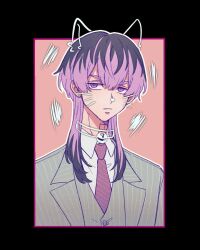  1boy 29o52413 animal_ears aqua_suit black_hair cat_ears collared_shirt earrings hair_between_eyes haitani_rindou highres jewelry long_hair long_sleeves male_focus multicolored_hair neck_tattoo necktie purple_necktie shirt streaked_hair suit tattoo tokyo_revengers two-tone_hair vertical-striped_suit violet_eyes white_shirt wolf_cut 