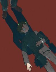  2boys bakugou_katsuki boku_no_hero_academia brown_shoes buttons closed_eyes closed_mouth dtd_mha gakuran gauze gauze_on_cheek green_hair highres holding holding_notebook looking_at_another male_focus midoriya_izuku multiple_boys notebook on_floor red_background school_uniform shoes short_hair silhouette simple_background sitting solo_focus standing teeth 