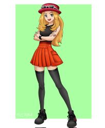  1girl bare_arms black_shirt black_shoes black_thighhighs blonde_hair collared_shirt eyewear_on_headwear fingernails green_background grey_eyes hat high-waist_skirt highres l_toffoli long_hair looking_at_viewer miniskirt open_mouth outside_border poke_ball_symbol pokemon pokemon_x_and_y porkpie_hat red_hat red_skirt serena_(pokemon) shirt shoes skirt skirt_pocket sleeveless sleeveless_shirt smile sneakers solo sunglasses thigh-highs twitter_username zettai_ryouiki 