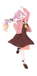  1girl :d anyoji_hime arm_up black_bow black_ribbon blonde_hair bloom_garden_party_jacket bow bow_legwear brown_dress brown_shoes clenched_hands dress floating_hair full_body gradient_hair hair_ribbon hand_up hasu_no_sora_school_uniform highres hood hood_down hooded_jacket jacket link!_like!_love_live! loafers long_hair long_sleeves looking_at_viewer love_live! love_live!_hasu_no_sora_jogakuin_school_idol_club_bloom_garden_party medium_dress multi-tied_hair multicolored_hair neckerchief official_art open_clothes open_jacket open_mouth pink_hair pink_jacket pleated_dress ponytail ribbon sailor_collar sailor_dress school_uniform shoes simple_background smile solo standing teeth transparent_background upper_teeth_only very_long_hair virtual_youtuber white_sailor_collar winter_uniform yellow_neckerchief 