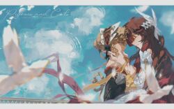  2girls absurdres bare_shoulders bird black_sleeves blonde_hair blue_eyes blue_sky brown_hair closed_eyes clouds columbina_(genshin_impact) detached_sleeves dove dress eye_mask face-to-face fatui_coat feathers fence forehead-to-forehead genshin_impact hair_ornament hands_on_another's_cheeks hands_on_another's_face head_wings headdress heads_together highres holding_another's_arm long_hair long_sidelocks long_sleeves looking_at_another mask multiple_girls sandrone_(genshin_impact) see-through_clothes see-through_mask short_hair short_hair_with_long_locks sidelocks sky upper_body white_headdress white_mask white_wings winding_key wings x-shaped_eyewear x_hair_ornament yyeeeeee 