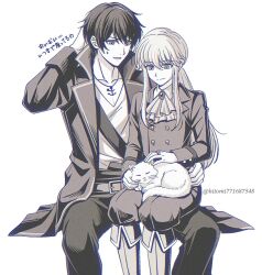  1boy 1other animal_on_lap artist_name ascot blonde_hair boots cat coat commentary greyscale highres jewelry kimioharuka low_ponytail male_focus monochrome multicolored_hair necklace on_lap open_clothes open_coat ponytail shirt short_hair simple_background sitting sitting_on_lap sitting_on_person streaked_hair suit sweatdrop translation_request twitter_username umineko_no_naku_koro_ni ushiromiya_lion white_background willard_h._wright 