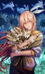  1girl :| animal-shaped_cloud aubrey_(faraway)_(omori) aubrey_(omori) bare_arms black_shirt black_skirt blue_hairband blue_sky bouquet bow_hairband closed_mouth clouds cofkf cowboy_shot denim denim_skirt double-parted_bangs egret_orchid field flower flower_field green_eyes hair_between_eyes hairband hand_up highres holding holding_bouquet jacket lily_of_the_valley long_hair looking_at_viewer night omori open_clothes open_jacket outdoors pink_hair puffy_sleeves sailor_collar shirt sidelocks skirt sky solo standing straight_hair sunflower three-quarter_sleeves tulip very_long_hair white_flower white_jacket white_tulip wind yellow_sailor_collar 