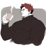  1boy beard black_sweater blue_eyes boku_no_hero_academia border cup endeavor_(boku_no_hero_academia) facial_hair failed_heroes from_below glasses holding holding_cup long_sleeves looking_at_viewer male_focus mature_male mug muscular muscular_male mustache parted_lips redhead rounded_corners short_hair sideburns simple_background skin_tight solo spiky_hair steam sweater turtleneck turtleneck_sweater upper_body very_short_hair watch watch white_border 