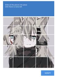  1girl absurdres animal_ears arknights artist_name black_jacket blood blood_on_face blue_eyes captcha english_text grey_background grey_hair hair_ornament hairclip highres jacket lappland_(arknights) long_hair looking_at_viewer portrait puzzle scar scar_across_eye scar_on_face simple_background skashi sketch smile solo v-shaped_eyebrows wolf_ears wolf_girl 