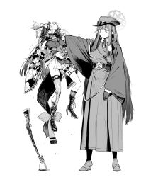  2girls animal_ear_fluff animal_ears arisaka asphyxiation bags_under_eyes bayonet black_gloves black_kimono blue_archive bolt_action carrying choke_hold droopy_ears fainting floral_print_sleeves flower fox_ears fox_girl fox_mask fox_tail gloves greyscale gun halo hand_on_another's_neck hat head_back height_difference highres japanese_clothes kimono long_hair mask misuzu_(blue_archive) monochrome multiple_girls neck_hold pointy_ears police_badge rifle sadamatsu_ryuuichi saliva simple_background sniper_rifle strangling strong tail tail_flower tail_ornament tall_female trembling wakamo_(blue_archive) weapon white_background 