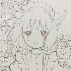  1girl animal_ears blush cat_ears commentary_request expressionless flower looking_at_viewer maid maid_headdress monochrome original parted_lips shinomiya_nanase short_hair solo spot_color traditional_media 