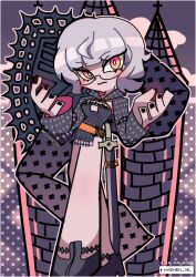  belt black_nails fate/grand_order fate_(series) glasses grey_hair highres hood hoodie jacques_de_molay_(foreigner)_(fate) light_blush maewenmitzuki open_clothes open_hoodie panty_&amp;_stocking_with_garterbelt panty_&amp;_stocking_with_garterbelt_(style) seductive_smile shield short_hair smile sword tower weapon yellow_eyes 