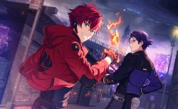  2boys fire glasses gloves green_eyes headset helios_rising_heroes highres hood jacket long_sleeves looking_at_viewer male_focus multiple_boys night official_art otori_akira outdoors red_hair smile teeth 