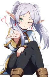  1girl absurdres black_pants blush breasts capelet dress earrings elf frieren green_eyes grey_hair highres jewelry long_hair long_sleeves looking_at_viewer one_eye_closed pants parted_bangs pointy_ears sitting small_breasts solo sousou_no_frieren sushi_no_ikari thighs twintails white_capelet white_dress 