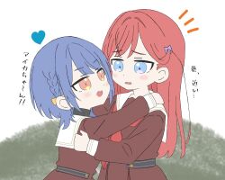  2girls :d black_shirt blue_eyes blue_hair blush brown_dress commentary dress eye_contact hand_on_another's_shoulder hasu_no_sora_school_uniform heart hug kinjou_maika link!_like!_love_live! long_hair long_sleeves looking_at_another love_live! medium_hair multiple_girls neckerchief notice_lines open_mouth orange_eyes pleated_dress red_hair red_neckerchief reizawa_aoi sailor_collar sailor_dress school_uniform shirt smile translation_request turtleneck turtleneck_shirt undershirt upper_body watage_hiyoko white_background white_sailor_collar winter_uniform 