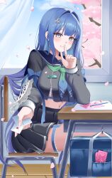  1girl absurdres arcana_(fortune_mate)_(nikke) arcana_(nikke) black_sailor_collar black_serafuku black_skirt blue_eyes blue_garter_straps blue_hair blue_neckerchief breast_zipper breasts chair classroom commentary_request crop_top crop_top_overhang cropped_shirt desk flower_hairpin garter_straps goddess_of_victory:_nikke gradient_neckerchief green_neckerchief handkerchief highres large_breasts long_hair looking_at_viewer midriff multicolored_neckerchief navel neckerchief no_bra on_chair partially_unzipped pleated_skirt sailor_collar school_desk school_uniform serafuku shawl sidelocks silver_nails sitting skirt smile solo white_shawl window yurang_heart zipper 