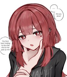  ... 1girl 1other absurdres black_hoodie bright_pupils ear_piercing english_text facial_tattoo grabbing_another's_face head_grab heart heart-shaped_pupils heart_tattoo highres hood hoodie light_blush long_hair looking_at_viewer open_mouth original piercing portrait pov pov_hands print_hoodie puffumine_(wawamachi) red_eyes red_hair simple_background solo_focus speech_bubble spiked_ear_piercing spoken_ellipsis symbol-shaped_pupils tattoo wawamachi white_background white_pupils 
