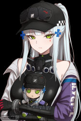  1girl 416_day artist_name baseball_cap black_background black_hat breasts commentary cross_hair_ornament doll english_commentary fumo_(doll) girls'_frontline_2:_exilium girls_frontline green_eyes hair_ornament hat highres hk416_(girls'_frontline) holding holding_doll jacket klukai_(girls'_frontline_2) long_hair mikhail_n762 multicolored_jacket partially_open_jacket purple_jacket qr_code simple_background solo twitter_username two-tone_jacket upper_body white_hair white_jacket 