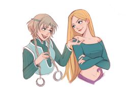  2girls blonde_hair blue_eyes braid braided_twintails circlet commentary cornelia_hale crossed_arms elyon_(witch) eye_contact hair_behind_ear long_sleeves looking_at_another multiple_girls navel simple_background smile striped_clothes twintails upper_body vanekairi vertical-striped_clothes w.i.t.c.h. white_background 