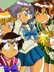  1990s_(style) 5girls absurdres aino_minako arm_behind_back bishoujo_senshi_sailor_moon black_hair blonde_hair blue_bow blue_choker blue_eyes blue_gem blue_hair blue_sailor_collar blue_skirt bow breasts bright_pupils brooch brown_eyes brown_hair choker circlet clenched_hand clenched_teeth closed_eyes closed_mouth collarbone commentary earrings faux_retro_artstyle gem gloves gold_circlet green_background green_choker green_gem green_sailor_collar green_skirt grey_eyes grin hair_bobbles hair_bow hair_bun hair_ornament hand_on_another's_head hand_up highres hino_rei inner_senshi jewelry kino_makoto leotard long_hair looking_at_another looking_at_viewer looking_up magical_girl medium_breasts miwijag1997 mizuno_ami multiple_girls one_eye_closed parted_bangs parted_lips pleated_skirt purple_bow raised_eyebrows red_bow red_choker red_gem red_sailor_collar retro_artstyle sailor_collar sailor_jupiter sailor_mars sailor_mercury sailor_moon sailor_senshi_uniform sailor_venus short_hair sidelocks simple_background skirt smile standing star_(symbol) star_earrings teeth tsukino_usagi twintails v v-shaped_eyebrows v_over_eye white_gloves white_leotard 