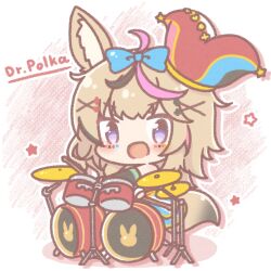  1girl :d animal_ears bare_shoulders black_gloves black_hair blue_bow bow chibi club_hair_ornament colored_shadow commentary_request cymbals diamond_hair_ornament drop_shadow drum drum_set drumsticks elbow_gloves fox_ears fox_girl fox_tail gloves hair_bow hair_ornament hairclip hat heart heart_hair_ornament highres hololive instrument jester_cap mitarashi_neko multicolored_hair music omaru_polka omaru_polka_(1st_costume) pink_hair playing_instrument shadow sitting smile solo spade_hair_ornament star_(symbol) streaked_hair tail tilted_headwear violet_eyes virtual_youtuber x_hair_ornament 