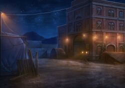  abandoned blue_archive boarded_windows brick brick_wall building cable dark door fence game_cg ivy lamppost mountain mountainous_horizon night no_humans non-web_source official_art outdoors plant ring_of_light_(blue_archive) scenery self-datamine sky star_(sky) starry_sky string_of_light_bulbs tarpaulin vines warehouse window 