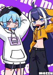 2girls absurdres ahoge bao_the_whale baseball_cap black_pants black_shorts blue_hair hat highres indie_virtual_youtuber long_hair looking_at_viewer mozzu123 multicolored_hair multiple_girls navel open_mouth orca_girl pants purple_background red_eyes short_hair shorts shylily sweater violet_eyes virtual_youtuber whale_girl white_hair white_sweater yellow_sweater 