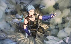  1boy asch_albright belt black_shirt blue_gloves boots collar fingerless_gloves gloves grey_hair grin headset helios_rising_heroes highres looking_at_viewer male_focus official_art orange_eyes pants shirt smile solo spiked_collar spikes teeth 