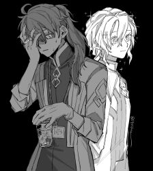  2boys 3755km @_@ alt_text arm_up black_background chaldea_logo chaldea_staff_uniform closed_mouth coat commentary_request cup drink fate/grand_order fate_(series) greyscale hair_between_eyes hand_on_own_head hand_up high_ponytail highres holding holding_cup id_card jewelry lanyard long_hair looking_ahead looking_at_another male_focus marisbury_animusphere monochrome multiple_boys parted_lips ponytail ring romani_archaman simple_background sleeves_rolled_up smile sparkle sweat twitter_username upper_body 