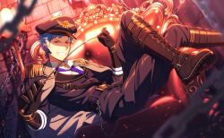  1boy asch_albright belt black_gloves boots chain collared_shirt epaulettes gloves grey_hair hat helios_rising_heroes highres holding holding_whip jacket looking_at_viewer male_focus necktie official_art orange_eyes pants peaked_cap purple_necktie riding_crop shirt smile solo whip 