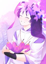  1boy armor black_hair blunt_ends choppy_bangs closed_eyes clothing_cutout erusane97 eyeliner flower food fruit genshin_impact grin happy highres holding holding_food holding_fruit japanese_armor japanese_clothes kariginu kote kurokote lavender_melon_(genshin_impact) layered_sleeves light_blush long_sleeves makeup male_focus outdoors purple_sleeves purple_veil red_eyeliner scaramouche_(genshin_impact) scaramouche_(kabukimono)_(genshin_impact) see-through_clothes see-through_veil shoulder_cutout smile solo string tree twitter_username upper_body veil white_sleeves wide_sleeves wisteria 