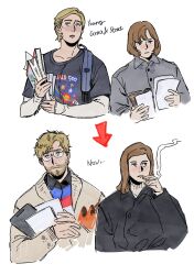 1boy 1girl alien beard beard_stubble blonde_hair brown_hair casual chocytd eva_stratt facial_hair highres messy_hair project_hail_mary ryland_grace stubble 