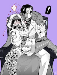  ! absurdres black_eyes black_hair blush cellphone chain chair choehye79976282 collared_shirt cosplay father_and_child father_and_daughter flip_phone full-face_blush highres hood hoodie kira_(project_moon) kira_(project_moon)_(cosplay) limbus_company mask matthias_(project_moon) matthias_(project_moon)_(cosplay) pants parent_and_child phone project_moon rien_(project_moon) shirt sitting sitting_on_lap sitting_on_person sora_(project_moon) suit track_pants 