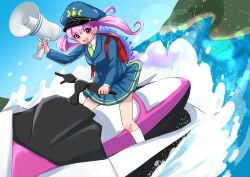  1girl :d akane_(akane112234) blue_hat blue_jacket blue_skirt boat collared_shirt commentary day dot_nose double_horizontal_stripe hat highres holding holding_megaphone jacket kneehighs layered_sleeves long_hair long_sleeves looking_at_viewer megaphone miniskirt necktie open_mouth original outdoors pink_hair pleated_skirt red_eyes shirt skirt smile socks solo standing striped_clothes striped_skirt twintails water watercraft white_shirt white_socks yellow_necktie 
