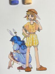  2girls animal_ears art_tools_in_frame ascot blonde_hair blue_dress brown_hat brown_shoes commentary dango dress ear_covers eating food full_body hand_on_own_hip hat highres holding holding_skewer long_hair mallet marker_(medium) multiple_girls puffy_short_sleeves puffy_sleeves rabbit_ears rabbit_girl ringo_(touhou) seiran_(touhou) shiratama_(hockey) shirt shoes short_hair short_sleeves shorts signature skewer socks squatting standing touhou traditional_media untranslatable_commentary wagashi white_socks yellow_ascot yellow_shirt yellow_shorts 