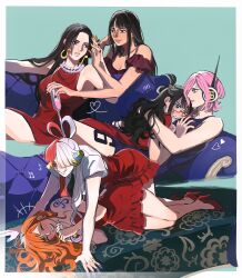  !? 6+girls :q armpits black_eyes black_hair black_nails blue_dress blue_eyes blue_nails blush boa_hancock breasts couch cup dress drinking_glass earrings folded_ponytail hair_rings hand_in_another's_hair hand_on_another's_waist headphones heart high_heels highres holding holding_cup jewelry large_breasts laughing leg_tattoo licking_lips lips long_hair lying multicolored_hair multiple_girls musical_note nami_(one_piece) necklace nico_robin on_back on_side one_piece orange_hair pearl_necklace pink_hair pumps red-framed_eyewear red_dress red_hair red_shoes red_skirt seirorath shirt shoes short_dress short_hair shoulder_tattoo skirt sleeveless sleeveless_dress smile split-color_hair tashigi tattoo tongue tongue_out uta_(one_piece) vinsmoke_reiju violet_eyes white_hair white_shirt yellow_nails yuri 