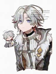  1boy :d ^_^ artist_name blue_eyes blush_stickers chest_harness chibi closed_eyes closed_mouth coat earrings fur-trimmed_coat fur_trim genshin_impact grey_coat grey_hair hair_between_eyes harness highres illuga_(genshin_impact) jewelry lapels looking_at_viewer male_focus mole mole_under_eye multicolored_hair multiple_views open_clothes open_coat open_mouth parted_bangs red_hair ribbed_sweater scar scar_on_neck scar_on_shoulder short_hair simple_background single_earring sleeveless sleeveless_sweater smile split_mouth sweater turtleneck turtleneck_sweater twitter_username two-tone_hair upper_body watermark white_background white_sweater y0moru 