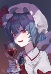  1girl alcohol ao_hoshi artist_logo artist_name ascot bat_wings blue_gem blue_hair bow brooch collar cup dress drinking_glass fang fingernails frilled_collar frills gem hat hat_ribbon highres holding holding_cup jewelry logo looking_at_viewer mob_cap open_mouth puffy_short_sleeves puffy_sleeves red_ascot red_bow red_eyes red_nails red_ribbon red_wine remilia_scarlet ribbon shadow sharp_fingernails short_hair short_sleeves sleeve_bow smile solo sparkle stained_clothes touhou upper_body white_dress white_hat wine wine_glass wings wrist_cuffs 