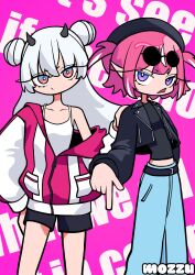  2girls absurdres black_jacket black_shirt black_shorts blue_pants camila_(vtuber) commentary demon_girl demon_horns double_bun english_commentary eyewear_on_head hair_bun hat highres horns indie_virtual_youtuber jacket long_hair lucy_pyre mozzu123 multicolored_hair multiple_girls open_mouth pants pink_background pink_hair pink_jacket pointy_ears red_eyes round_eyewear shirt shorts streaked_hair sunglasses tank_top virtual_youtuber white_streaks white_tank_top 
