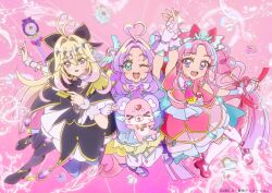  3girls akechi_anna antenna_hair black_capelet blonde_hair blue_eyes brooch capelet commentary_request cure_answer cure_arcana_shadow cure_mystique diamond_hairband dress fingerless_gloves frilled_capelet frilled_cuffs frills glove_bow glove_ribbon gloves hair_intakes hair_ornament heart heart_brooch holding holding_rod impossible_hair interlocked_fingers jewelry koala kobayashi_mikuru layered_dress layered_gloves long_hair looking_at_viewer magical_girl meitantei_precure! moria_luluka multiple_girls naze?_nazo?!_answer off-shoulder_capelet official_art one_eye_closed pact_holder pink_background pink_capelet pink_hair pochi-tan precure purple_capelet purple_hair purple_veil purple_wrist_cuffs rod tear_arcana_rod twintails veil very_long_hair violet_eyes wing_hair_ornament wrist_cuffs 