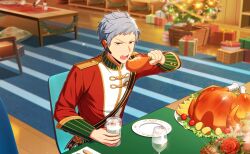  1boy asch_albright christmas_tree cup fingernails flower food grey_hair headset helios_rising_heroes highres holding indoors long_sleeves male_focus mole official_art open_mouth orange_eyes plate red_flower red_rose rose solo table teeth upper_teeth_only 