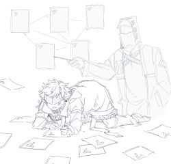  1boy 1other arknights arknights:_endfield blush doctor_(arknights) endministrator_(arknights) erd_djs hood lying male_endministrator_(arknights) mask papers pointer short_hair tagme teaching 