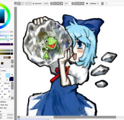  12ushba1274 1girl 1other art_program_in_frame blue_dress blue_eyes blue_hair blue_ribbon blush bow bowtie cirno cryokinesis detached_wings dress frog frozen furrowed_brow hair_ribbon ice ice_wings kermit_the_frog magic muppets open_mouth painttool_sai pale_skin puffy_short_sleeves puffy_sleeves puppet red_bow red_bowtie ribbon short_hair short_sleeves smile third-party_source touhou two-tone_dress white_background wings 
