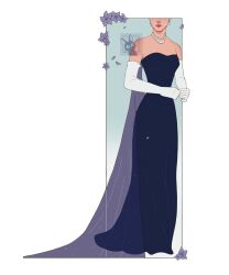  1girl anastasia_(1997) anya_(anastasia) blue_dress cape closed_mouth commentary dress earrings elbow_gloves english_commentary falling_petals flower french_commentary full_body gloves highres jewelry jiji_(majo_no_takkyuubin) long_dress majo_no_takkyuubin mixed-language_commentary necklace petals purplishartz solo strapless strapless_dress white_gloves 